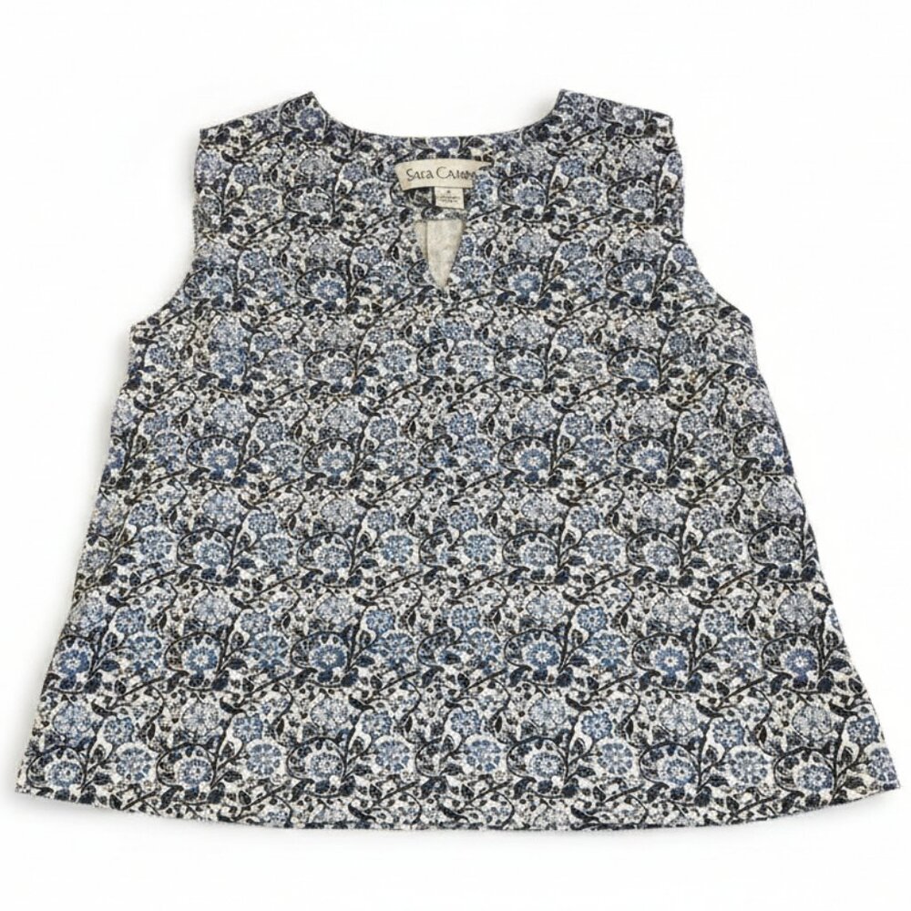 Sara Campbell Blue & Ivory Floral Sleeveless Top – Size Small (Made in USA)
